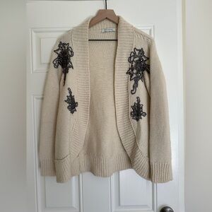 PIERRE BALMAIN Cream Cardigan with Black Floral Accents